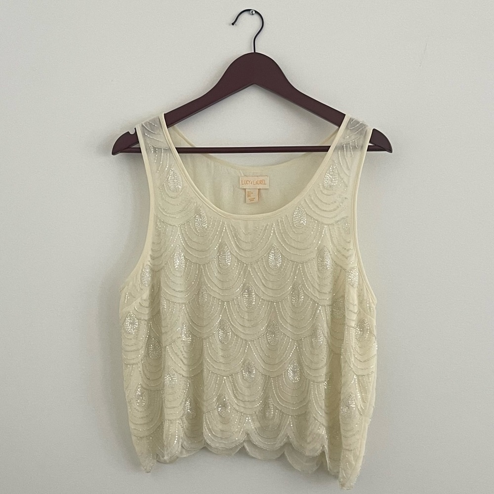 Lucy & Laurel Beaded, Scoop-neck Top, L, Cream